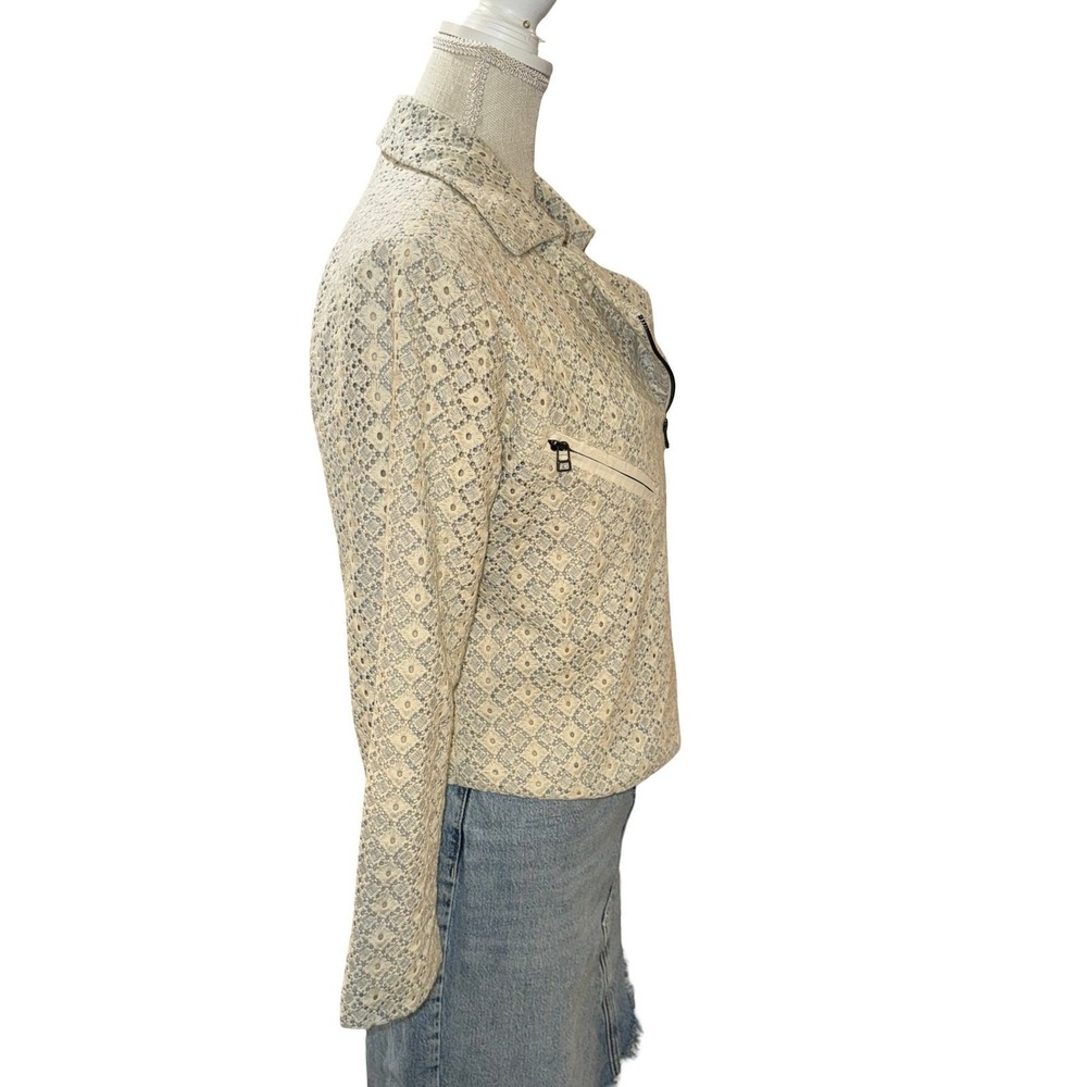 Dolan Moto Jacket Womens Medium Cream Blue Eyelet Lace Cotton Biker Zip - Picture 3 of 12